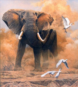 動物 Painting - 白鷺を持つほこりっぽい象